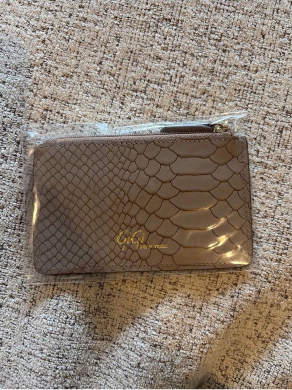 GiGi New York Taupe Snake-Embossed Zip Cosmetic Pouch with Gold Logo